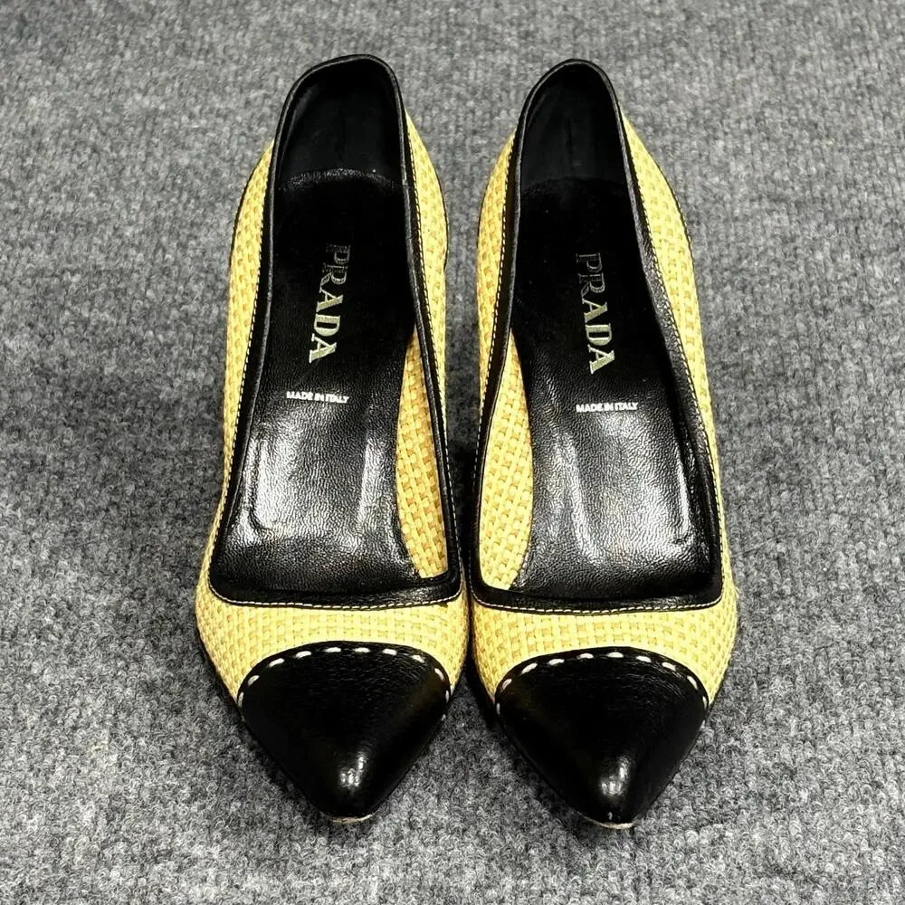 Prada Shoes Womens 5.5 EU 35.5 Beige Black Leather Woven Cap Toe Pumps Heels